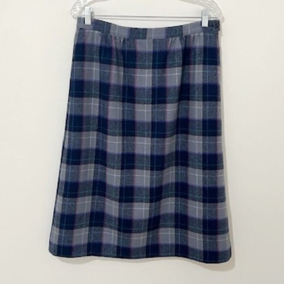 Vintage Pendleton Woolen Mills Plaid Wool Skirt Blue Gray Midi Size 14
